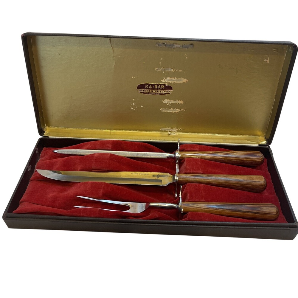 KA-BAR Master Cutlers Vintage 3 Piece Carving Set Wood‎ Handle Stainless